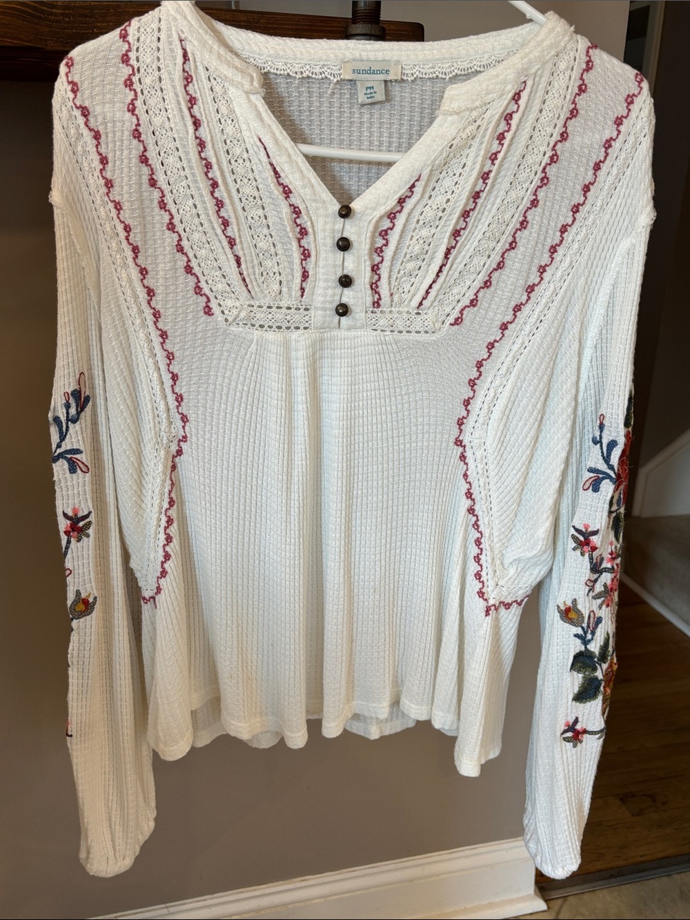 Sundance Embroidered Thermal Top Boho Lace Trim Long Sleeve Ivory PM